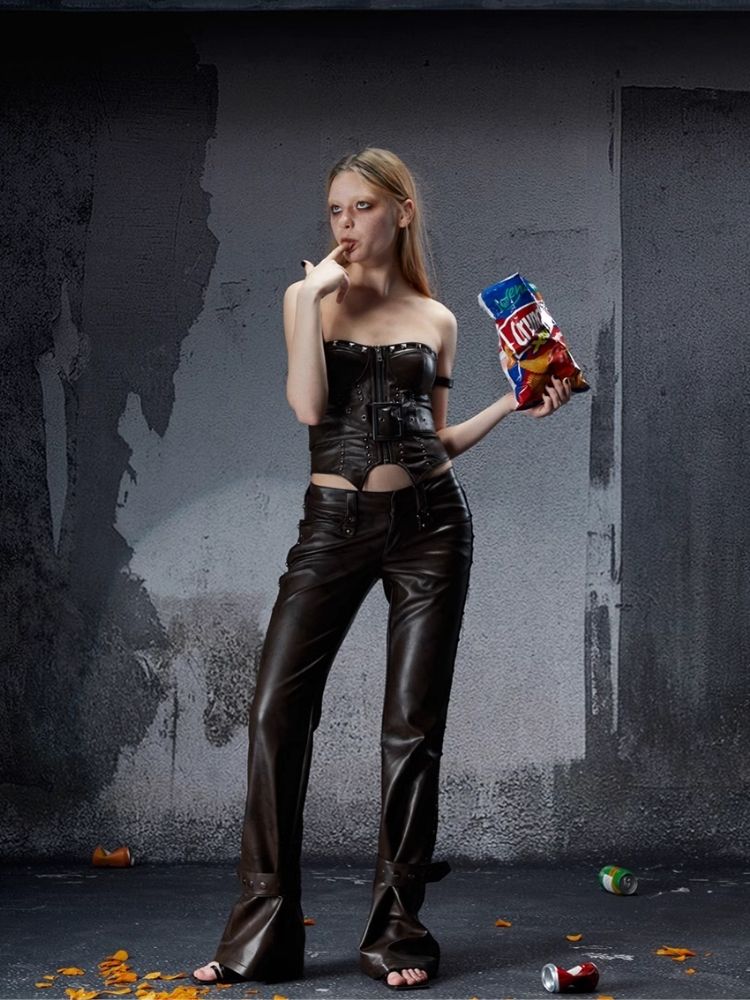 Zipper metal rivets leather bustier【s0000006696】