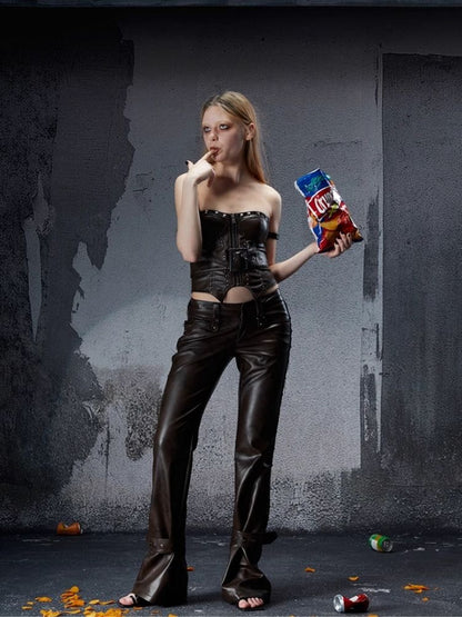 Zipper metal rivets leather bustier【s0000006696】