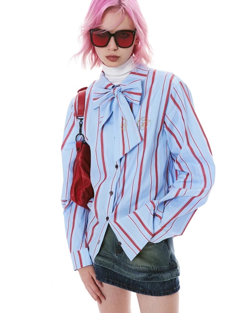 Stripe Pink Green Embroidered Shirt【s0000004971】