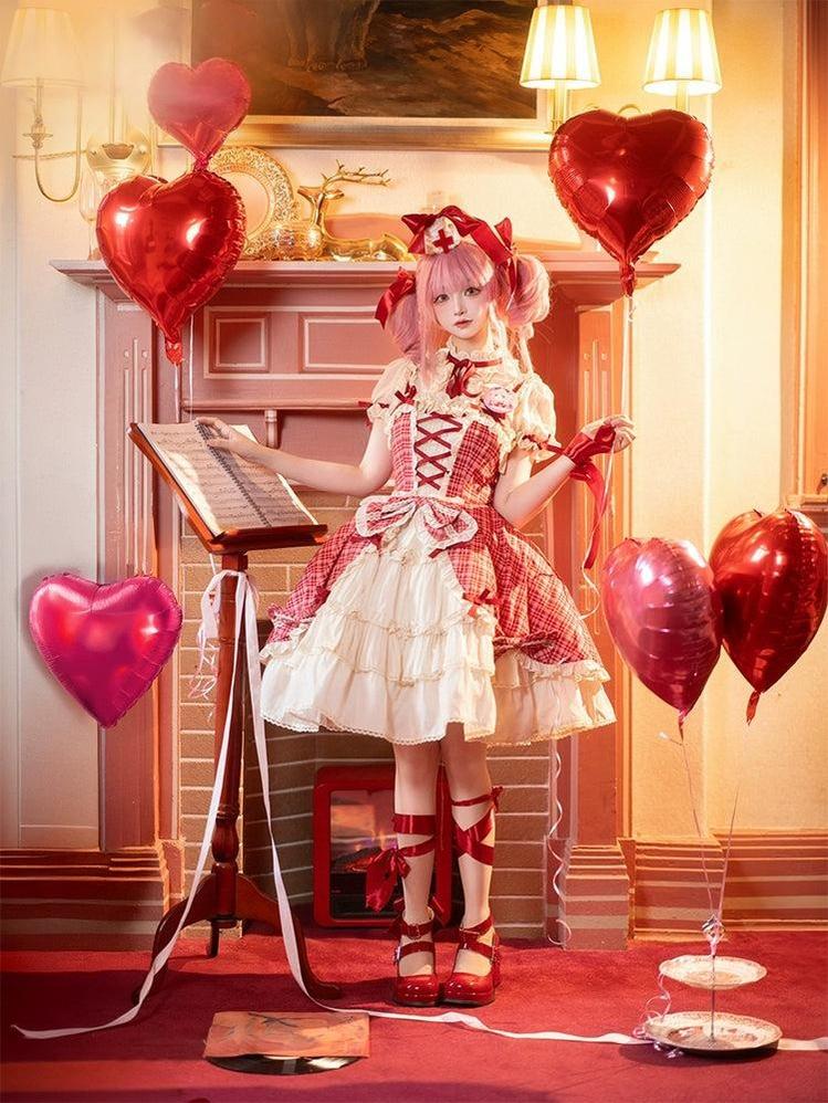 Confession Balloon - Red Plaid Cake Skirt - IP Collab Lolita Plaid JSK Dress