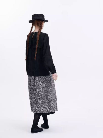 Dark Jacquard Hemp Blend Long Sleeve Blouse【s0000007978】