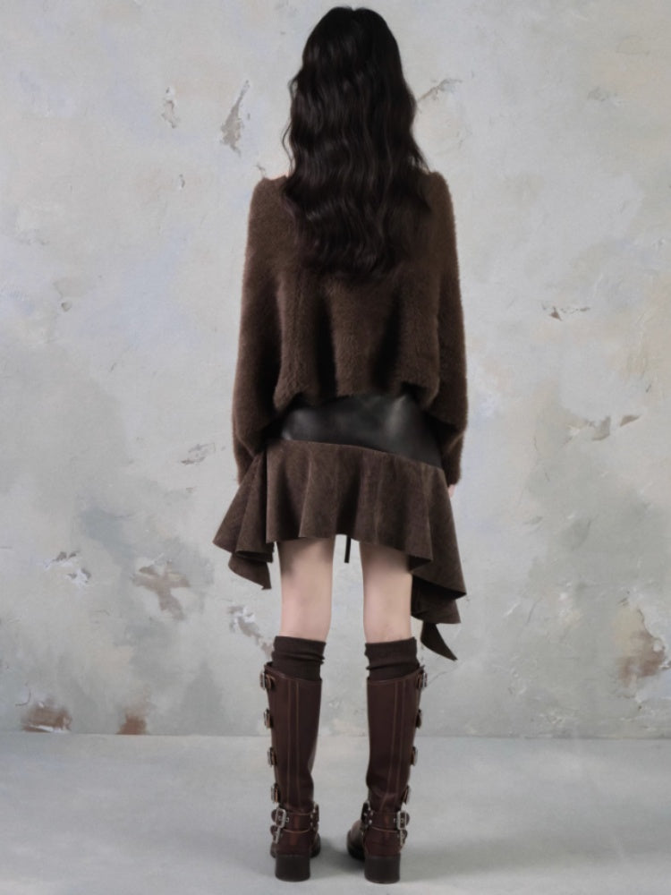 Belt Accent Irregular PU Leather Switching Mini Skirt【s0000004401】