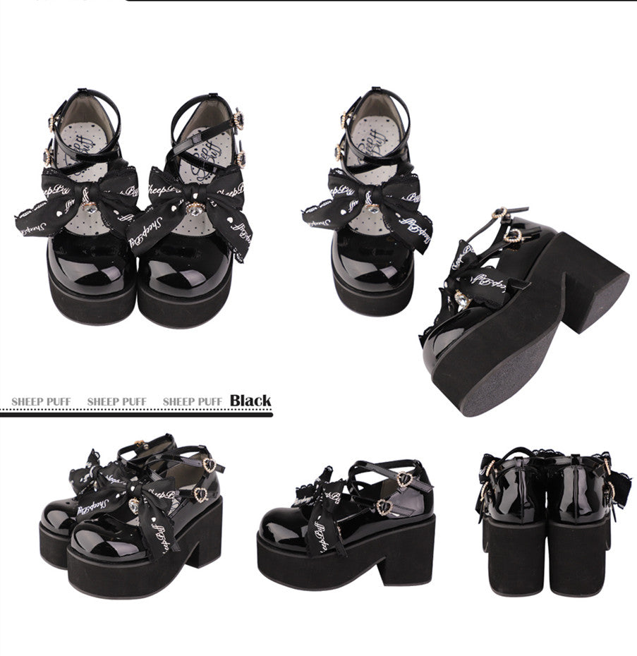 Sheep Puff - Black Pink Japanese Lolita Thick Heel Shoes