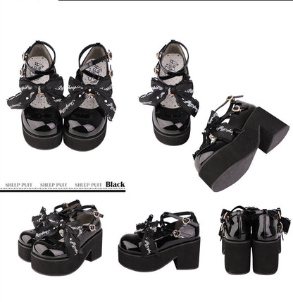Sheep Puff - Black Pink Japanese Lolita Thick Heel Shoes