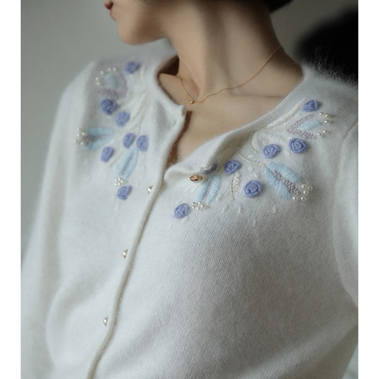 blue flower embroidery knit cardigan