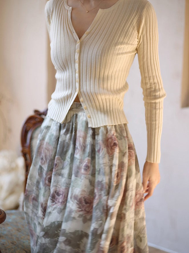 Oil painting rose pattern retro skirt