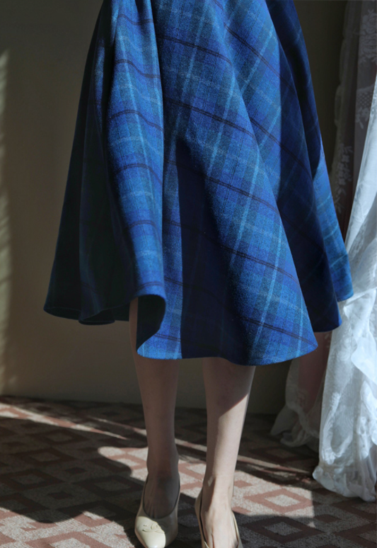 Blue Indigo Checkered Umbrella Skirt