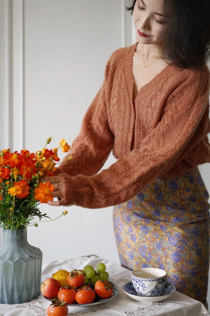 Blue-purple floral jacquard satin skirt