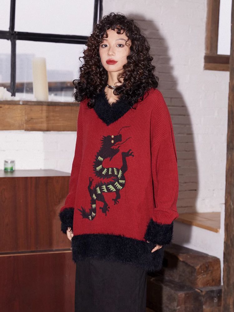 Loose Dragon Print Sweater【s0000005124】