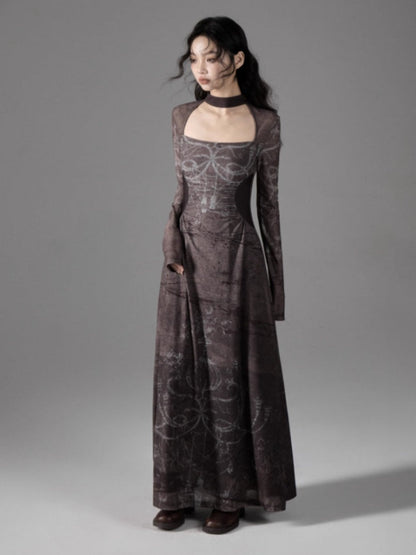 Square Neck Printed Waist Slim Long Dress【s0000004398】