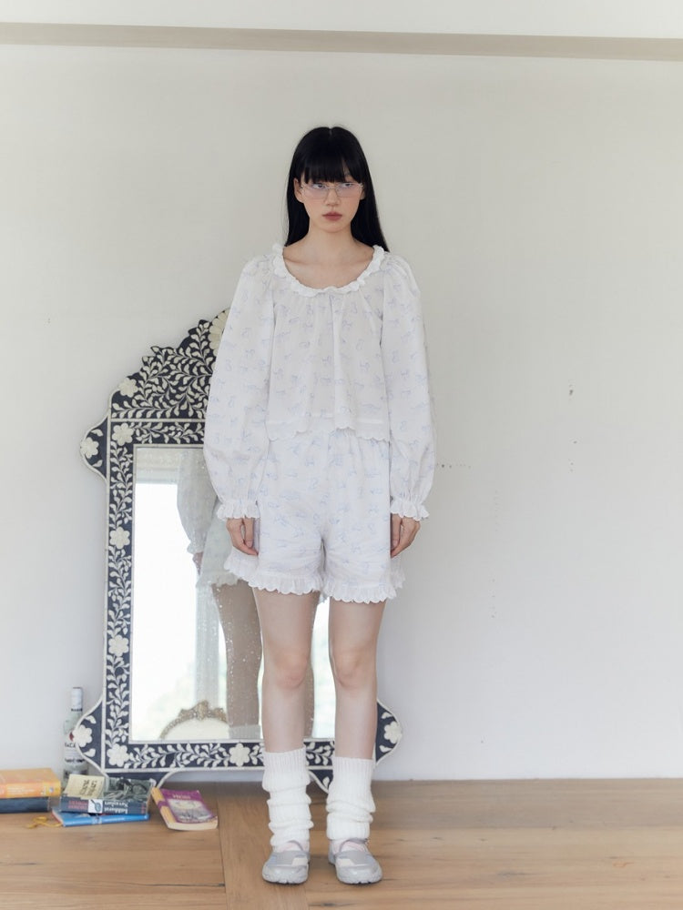 French Blue Kitten Print Relax Room Wear Set【s0000003571】