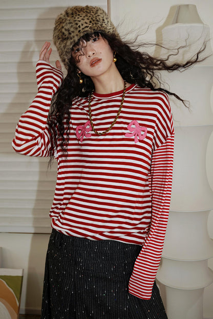 Striped Embroidery Loose Long Sleeve T-shirt