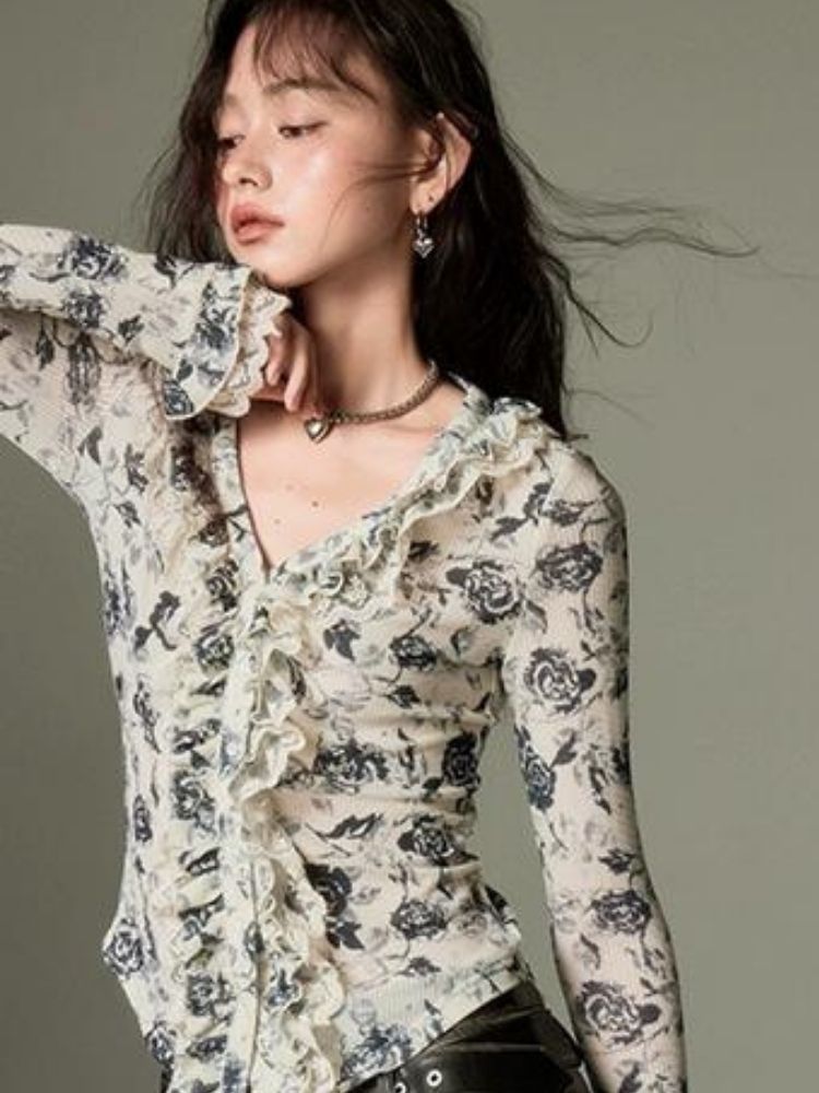 Floral lace long-sleeved v-neck shirt【s0000003270】