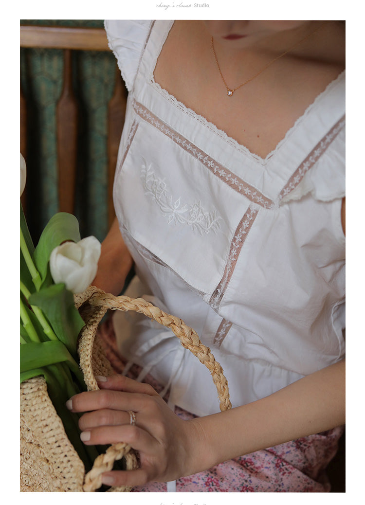 White Thread Embroidered Vintage Tops