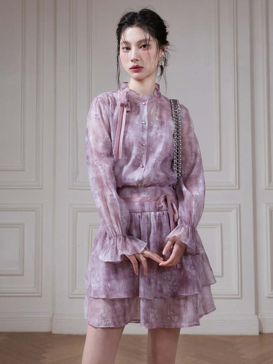 Ribbon & Floral Sheer Shirt/Cami/Skirt【s0000007883】