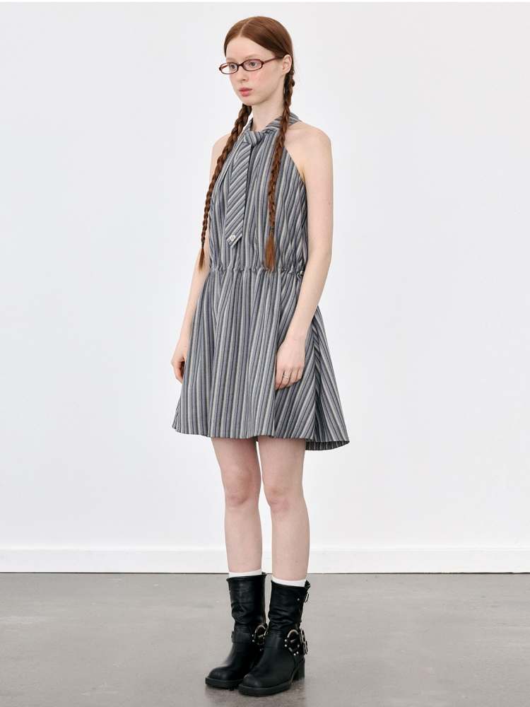 Halter Neck Tie Sleeveless Striped A-Line Dress【s0000008090】