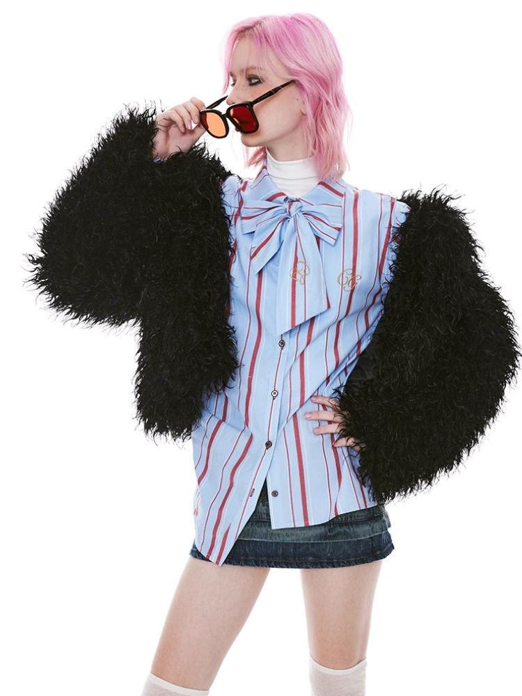 Stripe Pink Green Embroidered Shirt【s0000004971】