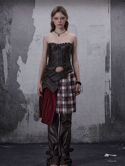 Zipper metal rivets leather bustier【s0000006696】