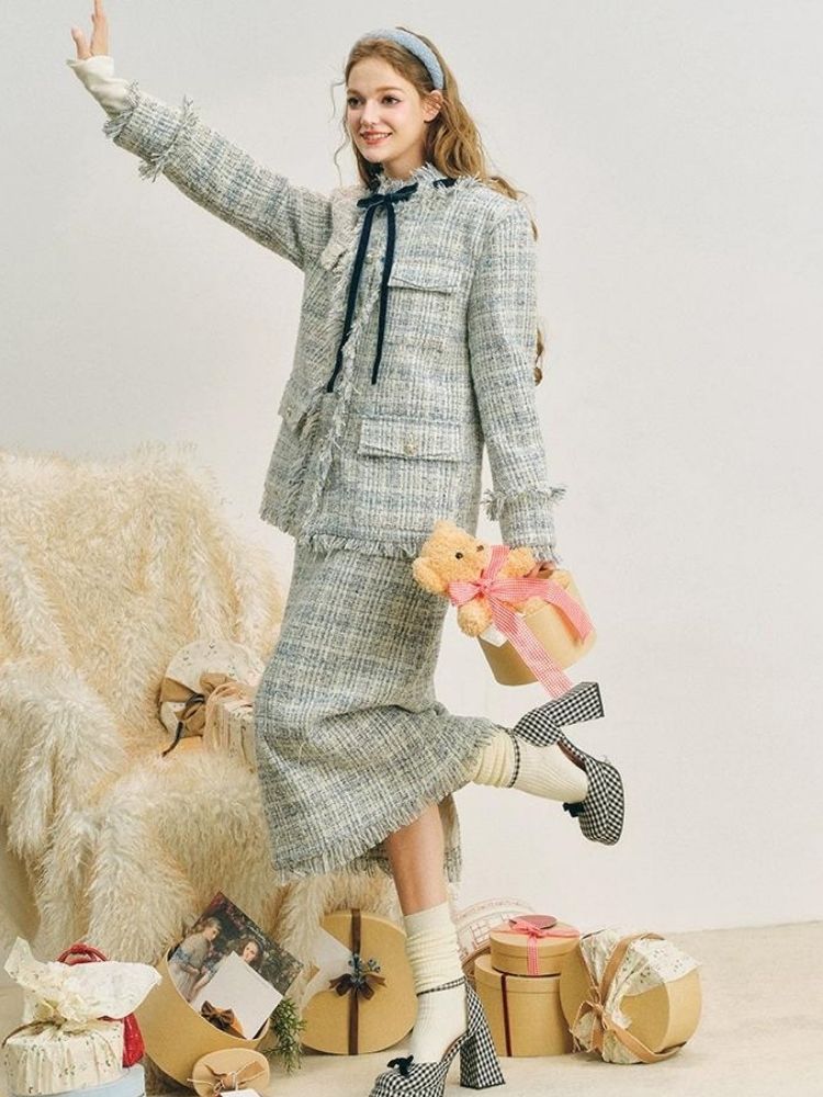 Blue velvet wool two-piece【s0000004612】