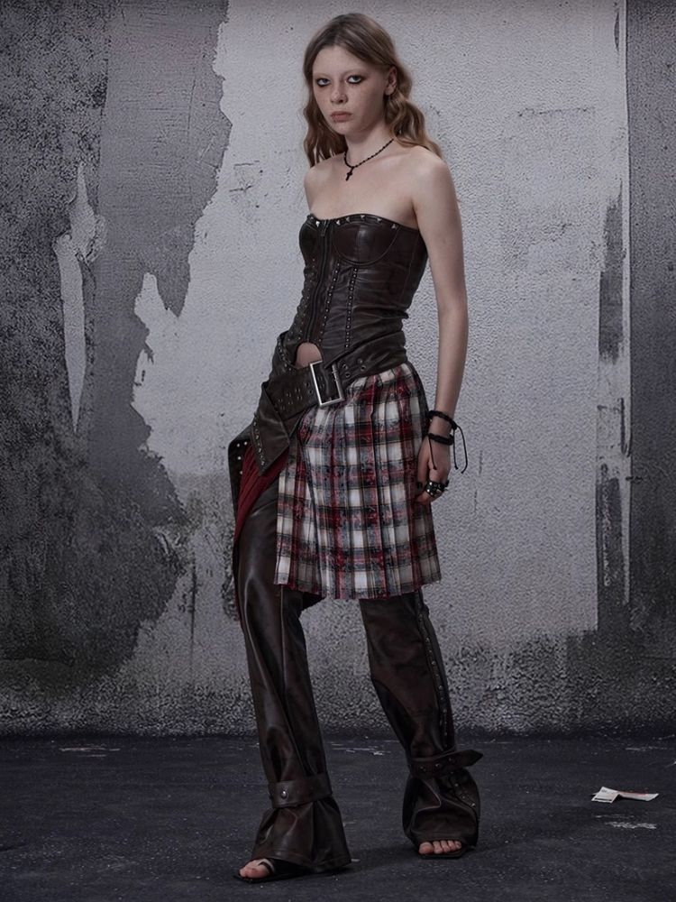 Zipper metal rivets leather bustier【s0000006696】