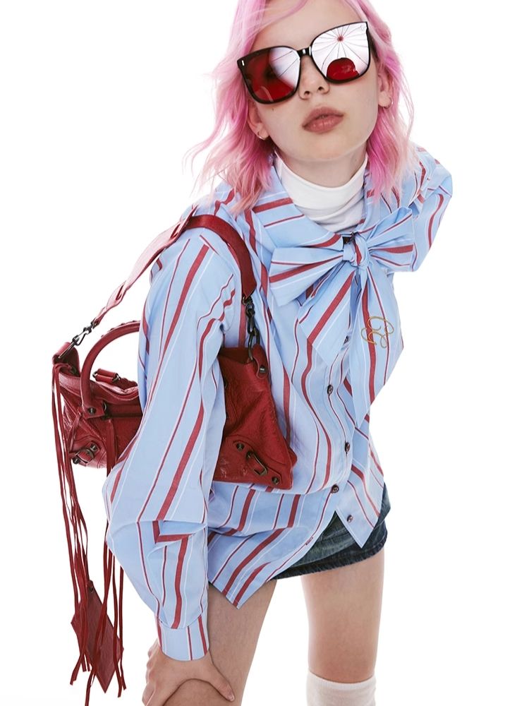 Stripe Pink Green Embroidered Shirt【s0000004971】