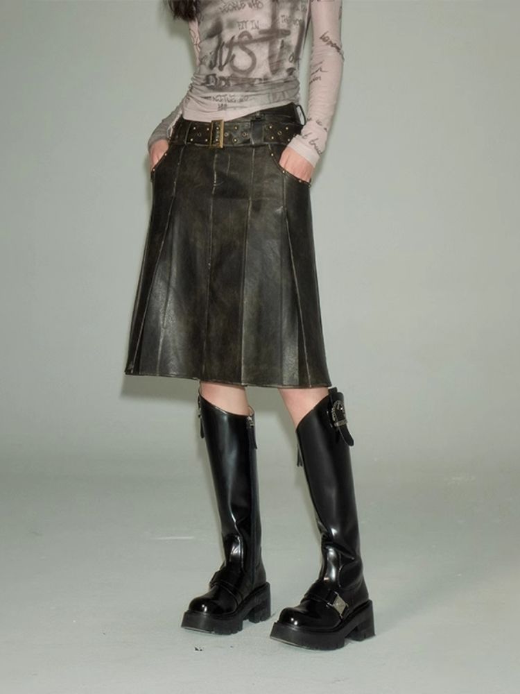 Vintage Murad rubbed color leather long skirt【s0000004872】