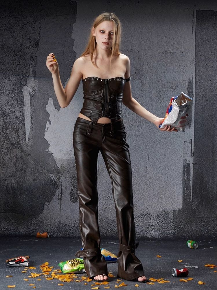 Zipper metal rivets leather bustier【s0000006696】