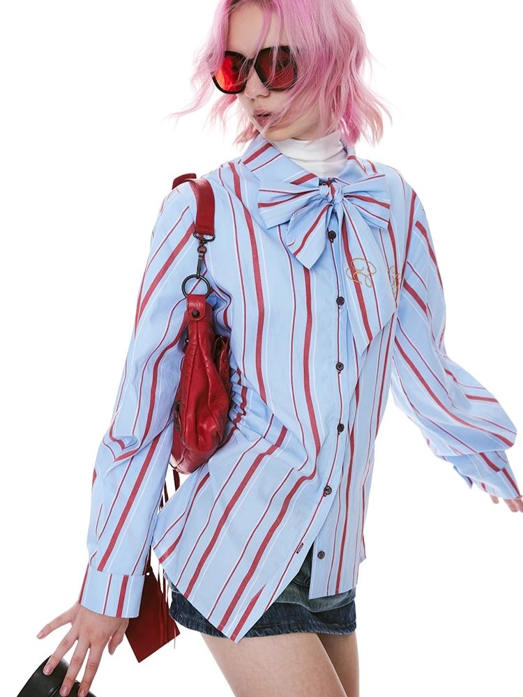 Stripe Pink Green Embroidered Shirt【s0000004971】