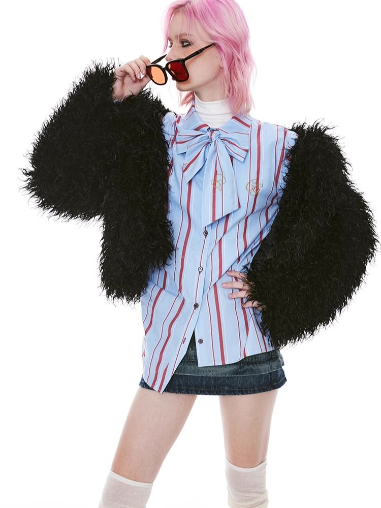 Stripe Pink Green Embroidered Shirt【s0000004971】