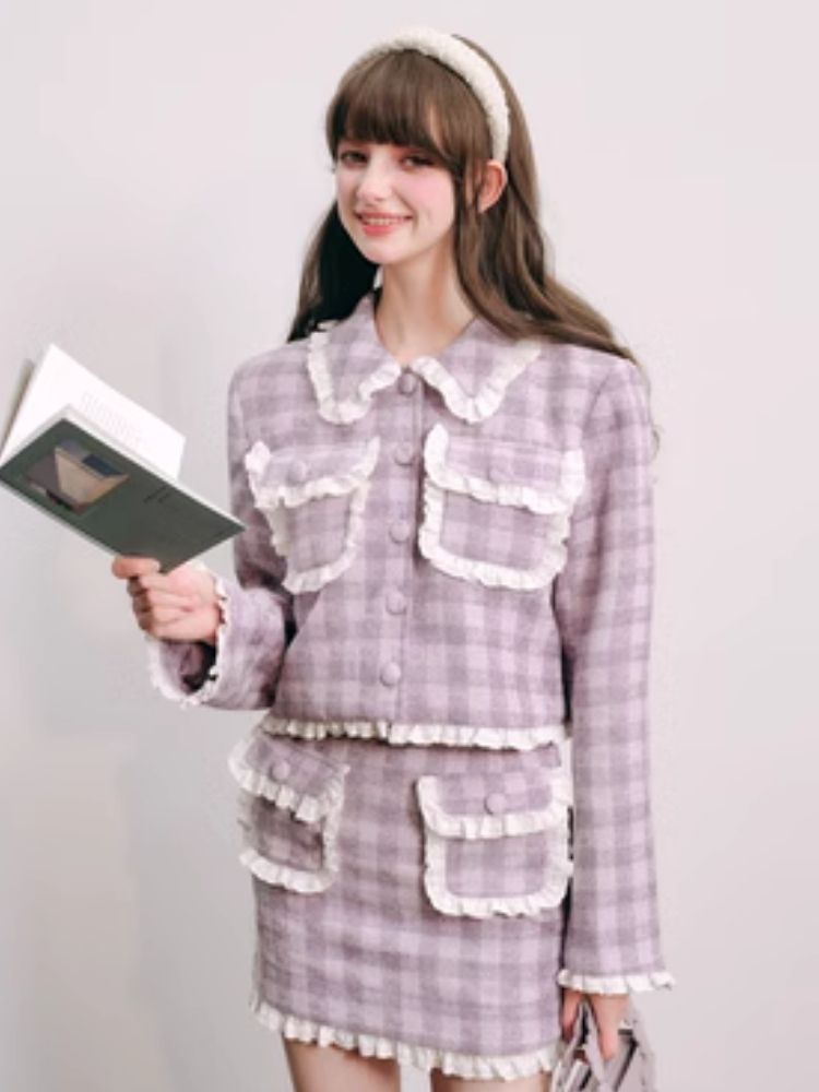 Purple lace jacket half skirt two-piece【s0000004446】