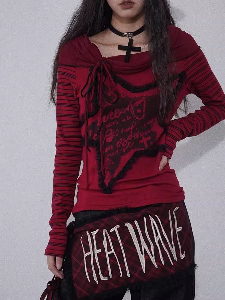 One Shoulder Red and Black Printed Knit Slim Top【s0000004932】