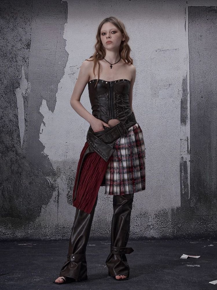 Zipper metal rivets leather bustier【s0000006696】