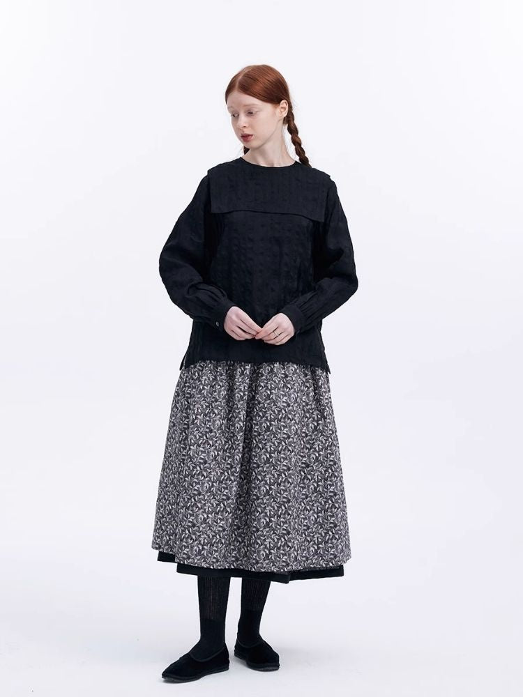 Dark Jacquard Hemp Blend Long Sleeve Blouse【s0000007978】