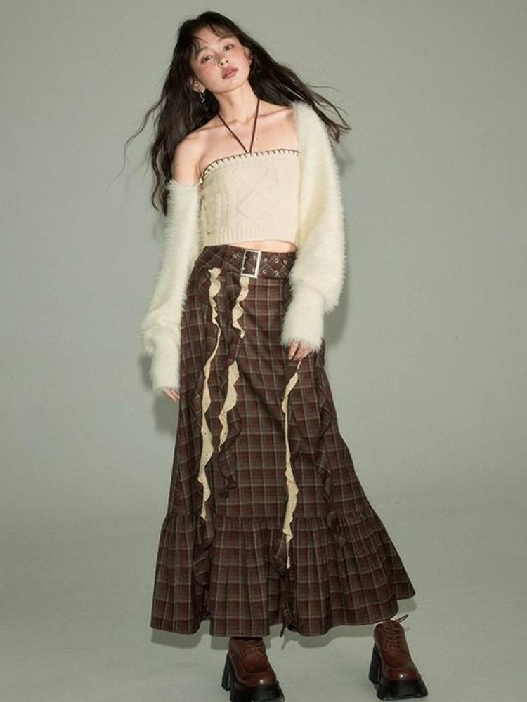 French retro ribbon plaid skirt【s0000003280】