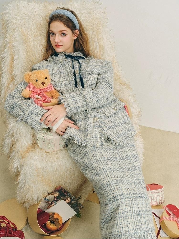 Blue velvet wool two-piece【s0000004612】