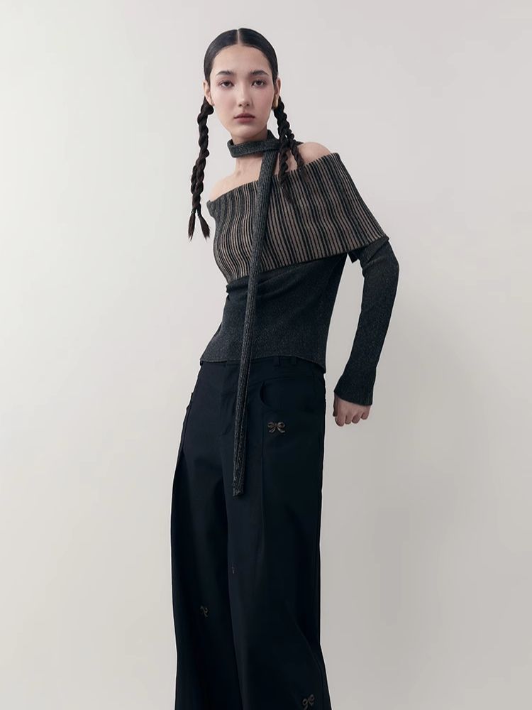 One-shoulder lapel knit sweater【s0000006392】