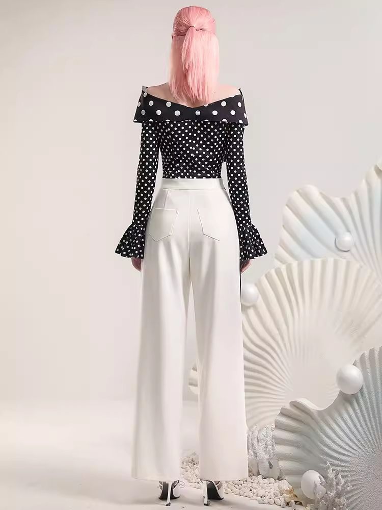 Polka Dot Top Irregular Color Blocking Wide Leg Pants Set【s0000006831】