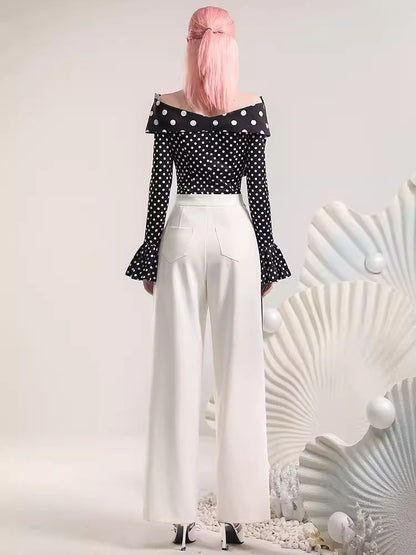 Polka Dot Top Irregular Color Blocking Wide Leg Pants Set【s0000006831】