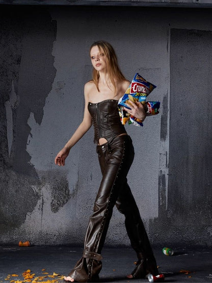 Zipper metal rivets leather bustier【s0000006696】