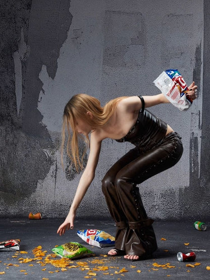 Zipper metal rivets leather bustier【s0000006696】