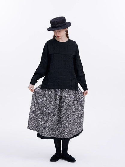 Dark Jacquard Hemp Blend Long Sleeve Blouse【s0000007978】