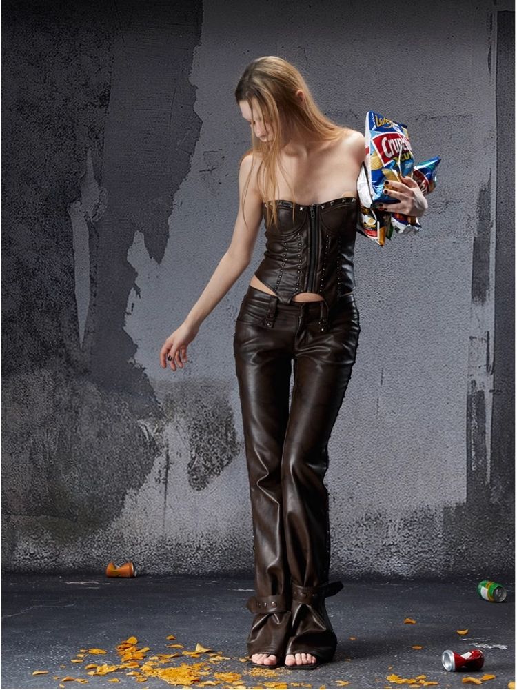 Zipper metal rivets leather bustier【s0000006696】