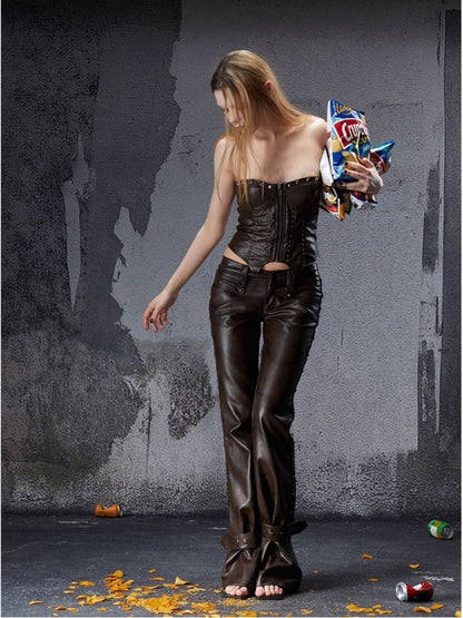 Zipper metal rivets leather bustier【s0000006696】