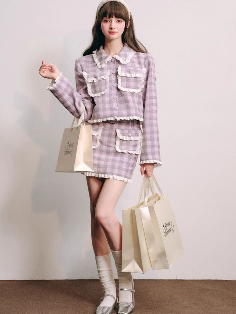 Purple lace jacket half skirt two-piece【s0000004446】