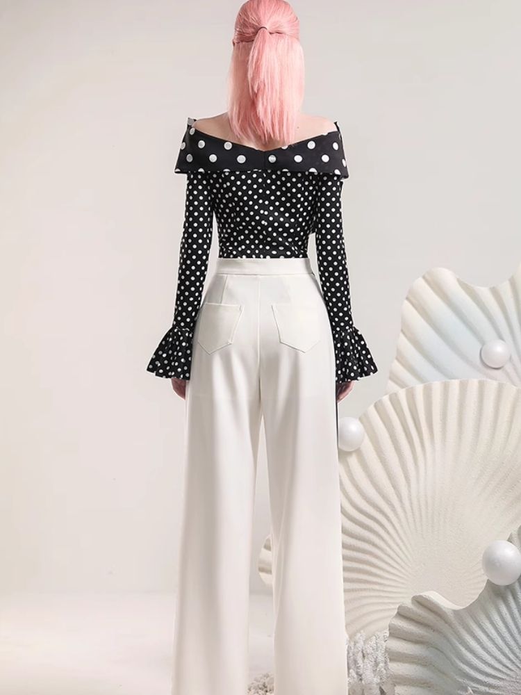 Polka Dot Top Irregular Color Blocking Wide Leg Pants Set【s0000006831】