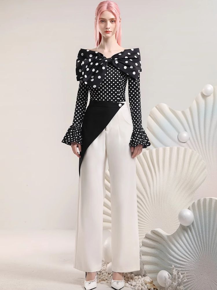 Polka Dot Top Irregular Color Blocking Wide Leg Pants Set【s0000006831】