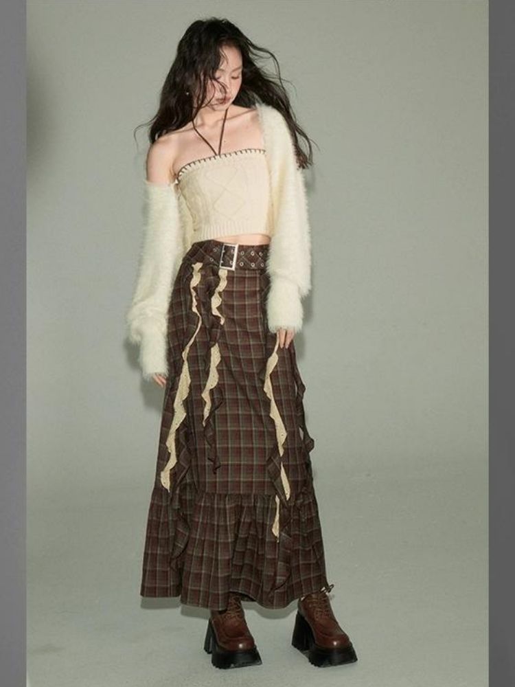 French retro ribbon plaid skirt【s0000003280】