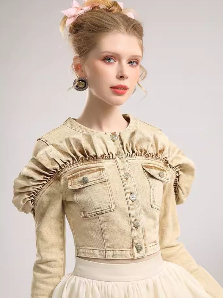 Khaki Denim Top Organza Half Skirt Two Piece Set【s0000006819】