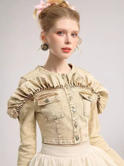 Khaki Denim Top Organza Half Skirt Two Piece Set【s0000006819】