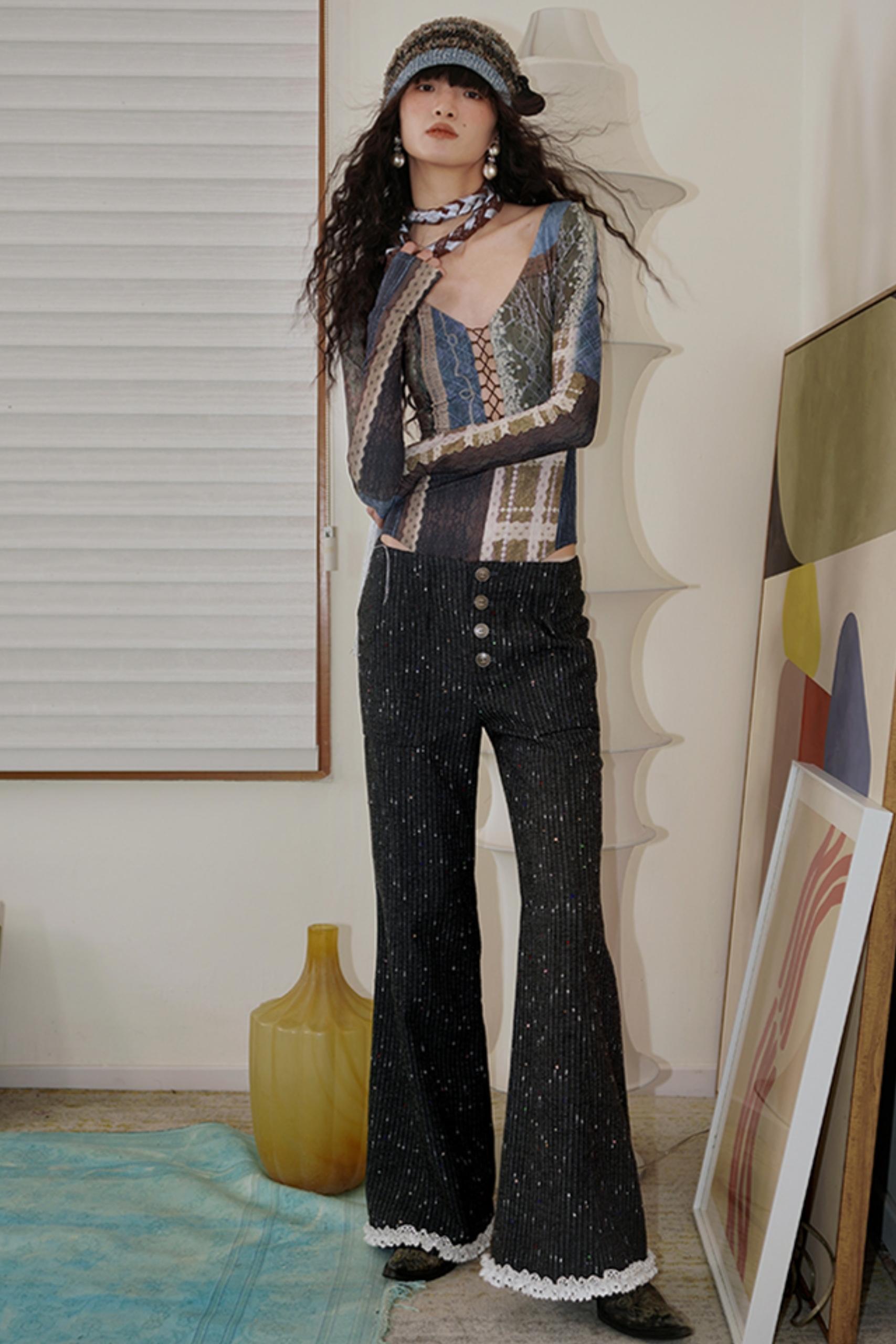 Retro Western Print V-Neck Bodysuit Top